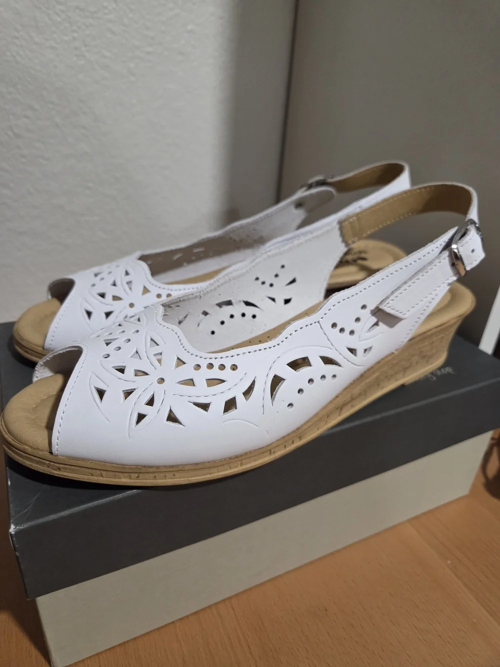 Spring Step White Laser-Cut Slingback Wedge Sandals